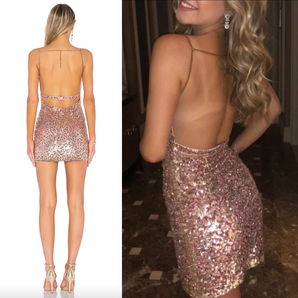h:ours | NWT Vega Dress in Quartz Rose Gold Sequin Mini Dress L
